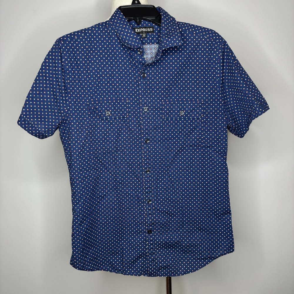 Express- Blue Button Down w/ White Polka Dots